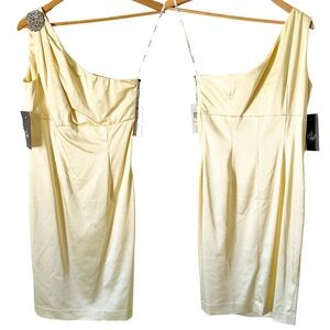 Calvin Klein One Shoulder Brooch Satin Cocktail Sheath Dress Yellow 6 NWT